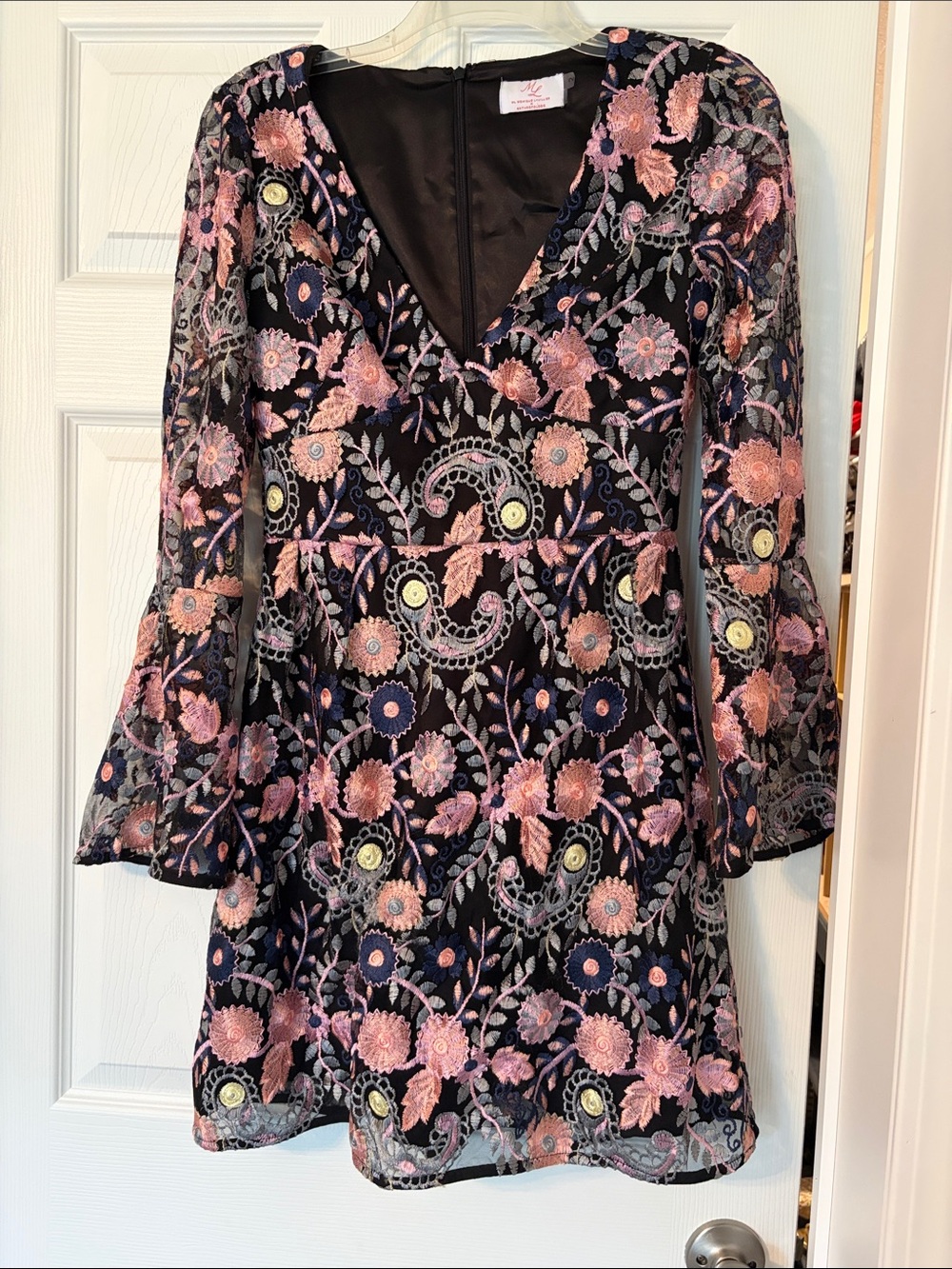 Monique Lhuillier Black Dress with Pink Floral Embroidery